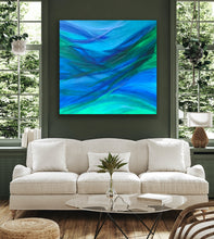 Load image into Gallery viewer, Modern living room with a white sofa, abstract painting, and decorative items.