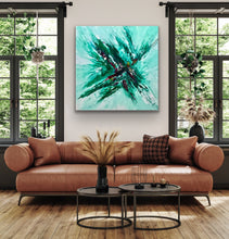 Load image into Gallery viewer, Heavenly" by Tony Hammer – 36x36 original abstract painting featured in a luxury modern living room. Investment-grade fine art for high-end interior design in New York, Chicago, and South Florida. Hammer Fine Art collection centerpiece.