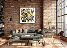 Load image into Gallery viewer, Modern living room with brick wall, green sofa, and abstract art