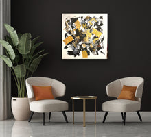Load image into Gallery viewer, Modern living room with two chairs, a small table, and abstract art on a black wall.