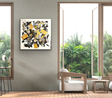 Load image into Gallery viewer, Modern interior with abstract art on a gray wall and a view of greenery outside.