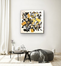 Load image into Gallery viewer, Abstract art piece with yellow and black squares on a white wall above a modern living room setup.