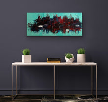 Load image into Gallery viewer, Abstract painting on a dark wall above a console table with decorative items.
