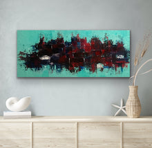 Load image into Gallery viewer, Abstract painting with red, black, and blue on a teal background, displayed on a wall above a wooden cabinet.