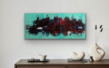 Load image into Gallery viewer, Abstract painting on a wall above a wooden console table with decorative items.
