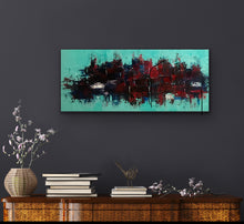 Load image into Gallery viewer, Abstract painting on a dark wall above a wooden console table with decorative items.