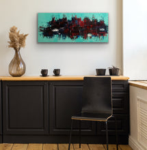 Load image into Gallery viewer, Modern kitchen with black cabinets, a wooden countertop, and abstract painting on the wall.