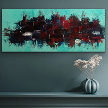 Load image into Gallery viewer, Abstract painting with red and black on a teal background, displayed in a room with a vase and flowers.