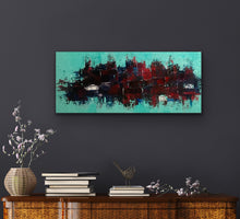 Load image into Gallery viewer, Abstract painting on a dark wall above a wooden cabinet with decorative items.