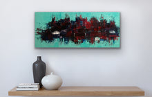 Load image into Gallery viewer, Abstract painting on a wall above a wooden shelf with decorative vases.
