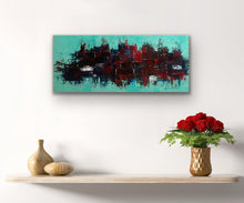 Load image into Gallery viewer, Abstract painting on a wall above a shelf with decorative items