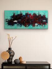 Load image into Gallery viewer, Abstract painting on a wall with decorative items on a shelf below.