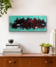 Load image into Gallery viewer, Abstract painting on a wall above a wooden console table with decorative items.