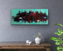 Load image into Gallery viewer, Abstract painting on a gray wall above a wooden console table with decorative items.