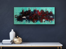 Load image into Gallery viewer, Abstract painting on a dark wall with decorative items below
