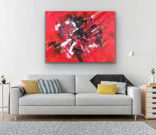 Load image into Gallery viewer, Abstract red painting on a wall above a gray sofa with colorful cushions.