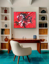 Load image into Gallery viewer, Modern office with a red abstract painting on the wall, wooden desk, and white chair.
