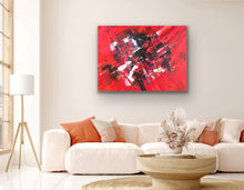 Load image into Gallery viewer, Original Abstract red and black painting on a wall above a white sofa with orange cushions.