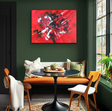 Load image into Gallery viewer, Modern dining area with a black table, orange cushioned bench, and abstract red painting on a green wall.