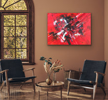 Load image into Gallery viewer, Living room with abstract red painting on the wall, two dark chairs, and a small round table with a vase.