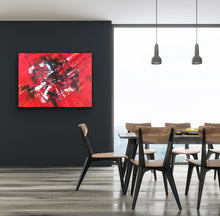 Load image into Gallery viewer, Dining room with a red abstract painting on a black wall and wooden chairs.