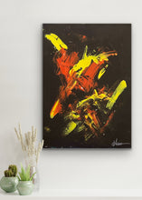Load image into Gallery viewer, Abstract painting with red and yellow colors on a black background, displayed on a wall with decorative plants below.