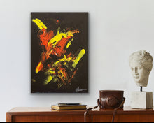 Load image into Gallery viewer, Abstract Limited Edition by Tony Hammer painting with red and yellow abstract art on a white wall, with a wooden cabinet and sculpture in the foreground.