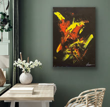 Load image into Gallery viewer, Abstract Limited painting on a wall with a table and chair in the foreground