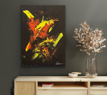 Load image into Gallery viewer, Abstract painting on a dark wall above a wooden cabinet with decorative items.