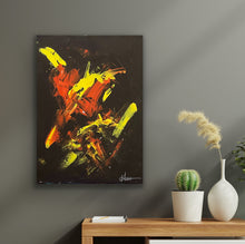 Load image into Gallery viewer, Abstract painting on a wall with a table and decorative items below.