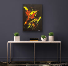 Load image into Gallery viewer, Abstract painting by Tony Hammer on a dark wall above a console table with decorative items.