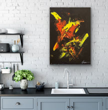 Load image into Gallery viewer, Abstract Tony Hammer painting on a kitchen wall with white brick tiles and kitchen counter.