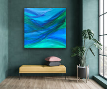 Load image into Gallery viewer, Modern interior with abstract blue and green painting, yellow bench, and plant.