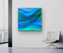 Load image into Gallery viewer, Abstract painting of blue and green on a white wall with a chair in the foreground.