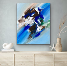 Load image into Gallery viewer, Abstract painting on a wall above a wooden cabinet with decorative items.