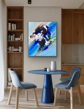 Load image into Gallery viewer, Modern interior with a blue dining table and chairs, bookshelf, and abstract painting on the wall.
