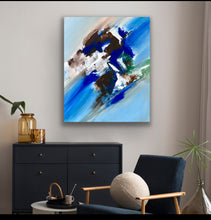 Load image into Gallery viewer, Abstract painting on a wall above a black dresser with a blue chair and decorative items.