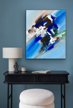 Load image into Gallery viewer, Abstract painting on a wall above a black console table with decor items.