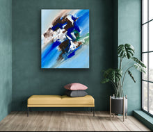 Load image into Gallery viewer, Abstract painting on a green wall above a yellow bench with cushions.