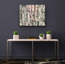 Load image into Gallery viewer, Abstract painting above a console table with plants against a dark wall