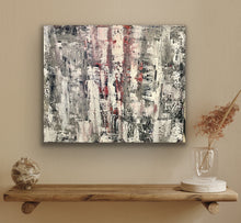 Load image into Gallery viewer, Abstract painting on a beige wall above a wooden shelf with decorative items.