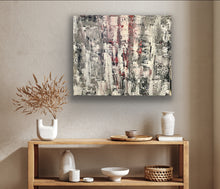 Load image into Gallery viewer, Abstract painting on a wall above a wooden console table with decorative items.