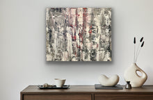 Load image into Gallery viewer, Abstract painting on a wall above a wooden console table with decorative items.