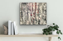 Load image into Gallery viewer, Abstract painting on a wall above a shelf with books and a plant