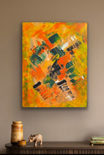 Load image into Gallery viewer, Abstract painting with orange, green, and black colors on a wall above a wooden shelf.