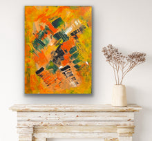 Load image into Gallery viewer, Abstract painting on a wall above a wooden shelf with a vase and branches.