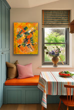 Load image into Gallery viewer, Dining room with a colorful abstract painting, window, and table with a striped tablecloth.