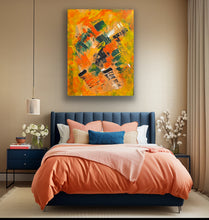 Load image into Gallery viewer, Bedroom with a colorful abstract painting above a bed with pink and blue bedding.