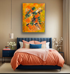 Bedroom with a colorful abstract painting above a bed with pink and blue bedding.