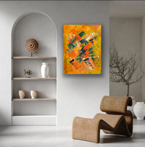 Modern interior with abstract painting, shelves, and a chair.